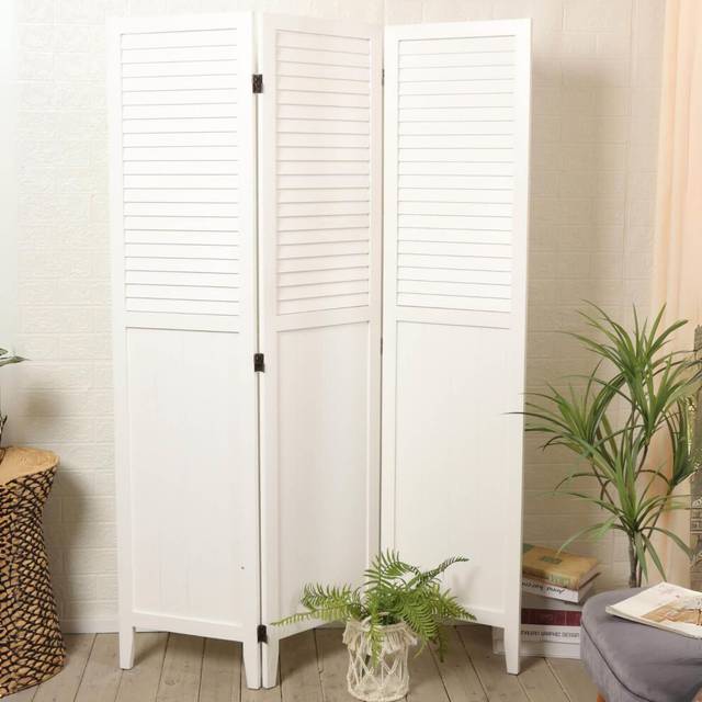 Wooden Room Divider Distressed White Slat Privacy Screen Fully Assembled