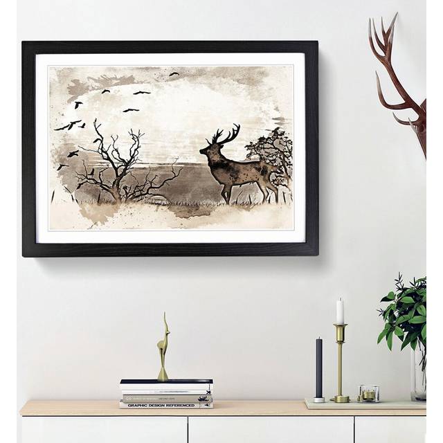 Stag Deer with Birds in Abstract - Picture Frame Painting Print - Black Framed (48cm H x 65cm W x 2cm D)