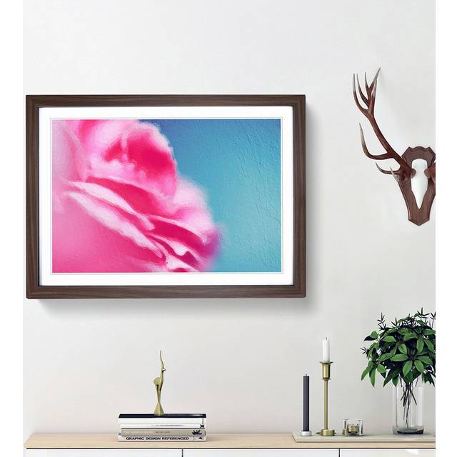 Pink Carnation on Blue - Picture Frame Painting Print - Walnut Framed (27cm H x 36cm W x 2cm D)