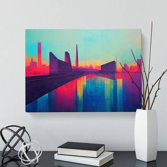 Adorable Skyscraper Skyline Abstract - Wrapped Canvas Graphic Art - Blue;Pink;Purple (40cm H x 60cm W x 3cm D)