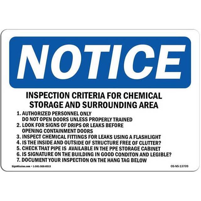 SignMission OS-NS-D-1014-L-13709 OSHA Notice Sign - Inspection Criteria for Chemical Storage