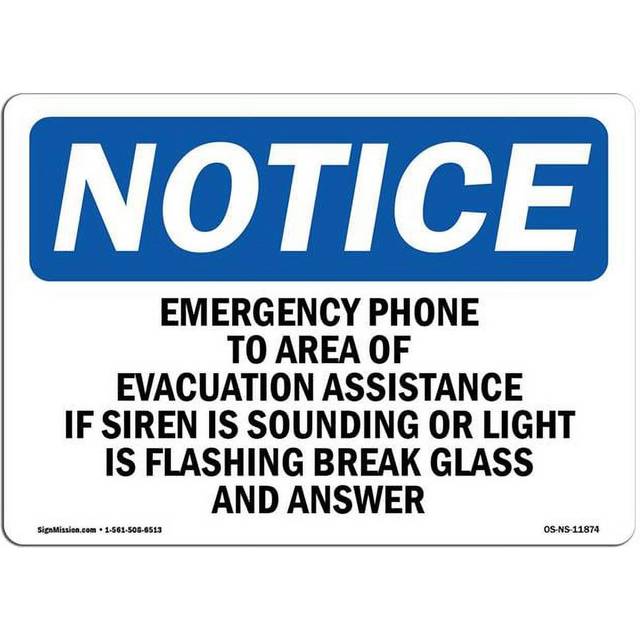 SignMission OS-NS-A-710-L-11874 7 x 10 in. OSHA Notice Sign - Emergency Phone to Area of Evacuation Assistance
