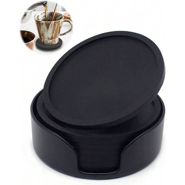 SHEIN 6pcs Black Silicone Cup Coasters With 1pc Plastic Holder