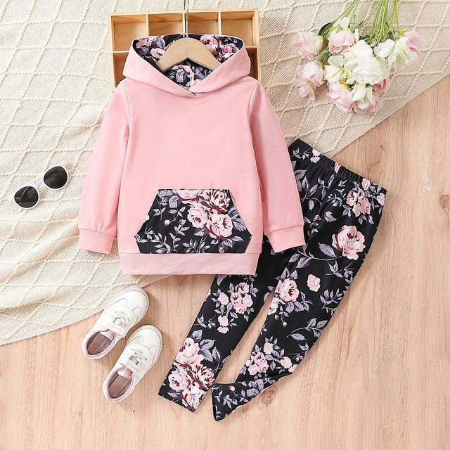 SHEIN 2pcs Young Girl Outfits Floral Leggings & Hooded Long Sleeve Sweatshirt Set, Fashion Spring Autumn Wear