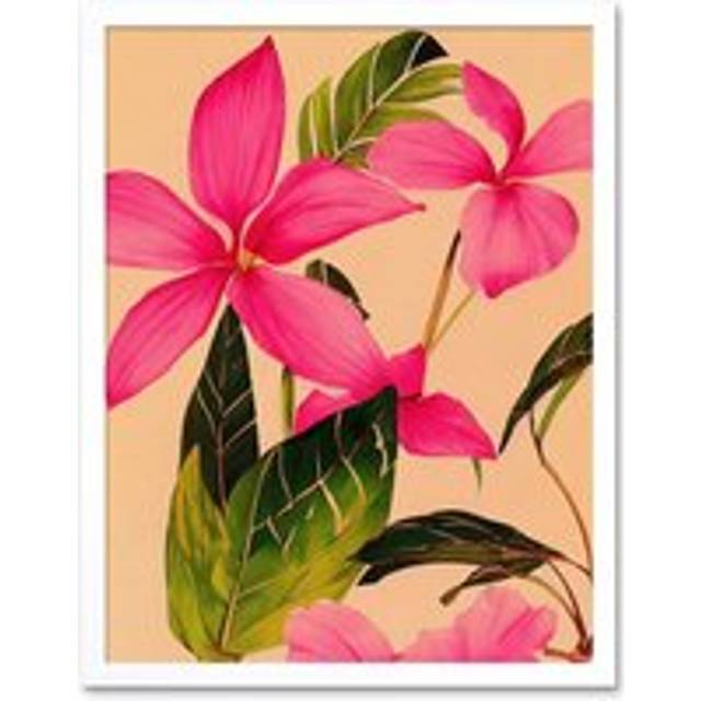 Wall Art Print Exotic Pink Plumeria Flower Plant Blooms Watercolour Pencil Art Framed - White - W12 inch x H16 inch
