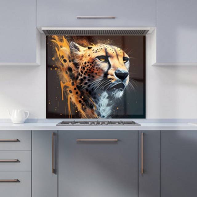 Warren Reed - Designer Cheetah Face Splashart Dark Background Kitchen Splashback W600Mm X H750Mm, Multi