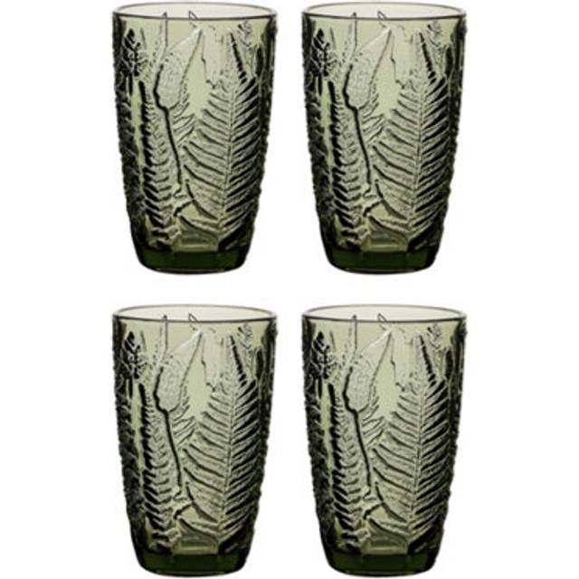 Set of 4 Luxury Green Leaf Embossed Tall Highball Drinking Glass Tumblers Gift Idea 350ml - 4 Pack