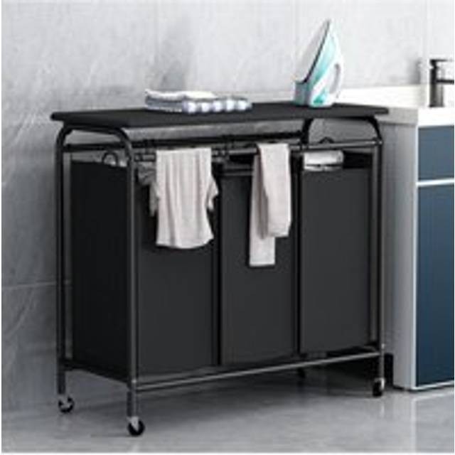 Living And Home Bathroom 3-Section Hamper Triple Bag Rolling Laundry Sorter With Lift-Up Ironing Board In Black - One Size