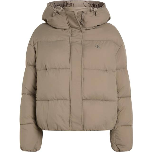 Calvin Klein Jeans dam logotyp kort huva puff J20J224112, pufferjacka, grå, S, Grå (Brindle), S