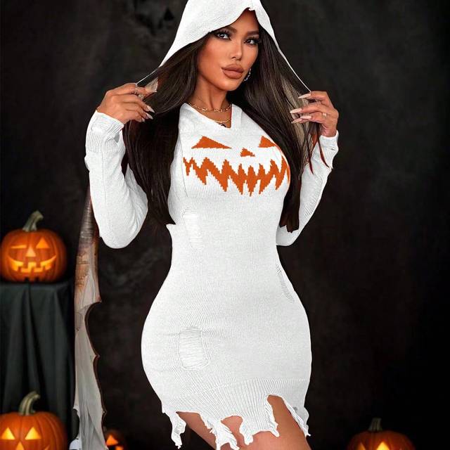 VaVaBold New Sexy Hollow Out Cut Fringe Hooded Pumpkin Teeth Pattern Orange Bodycon Sweater Dress For Halloween