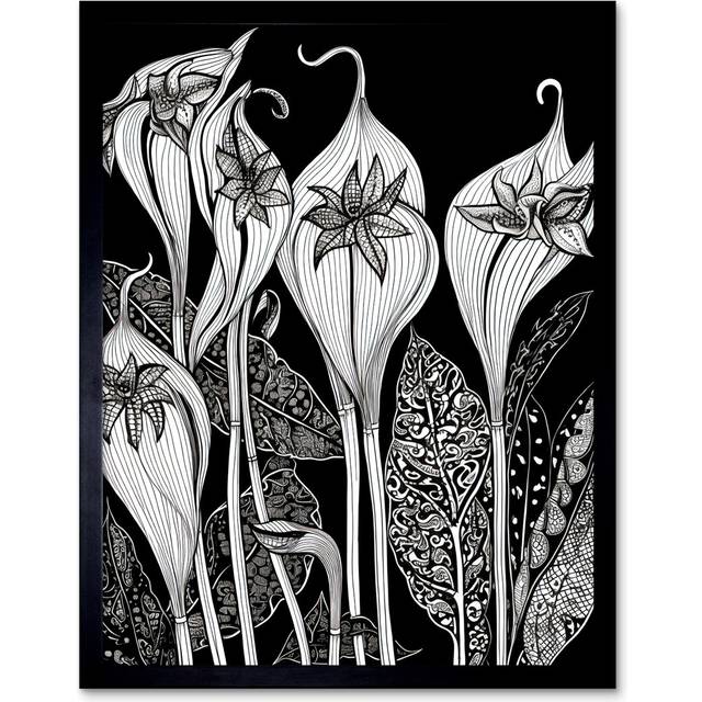 Biak Arisaema Flower Plant Black And White Folk Art - Single Picture Frame Art Prints - Multicoloured (43.3cm H X 33.3cm W)