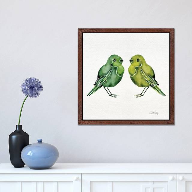 'Green Birds' by Cat Coquillette - Floater Frame Painting Print on Canvas - Brown (66.04 cm H x 66.04 cm W)