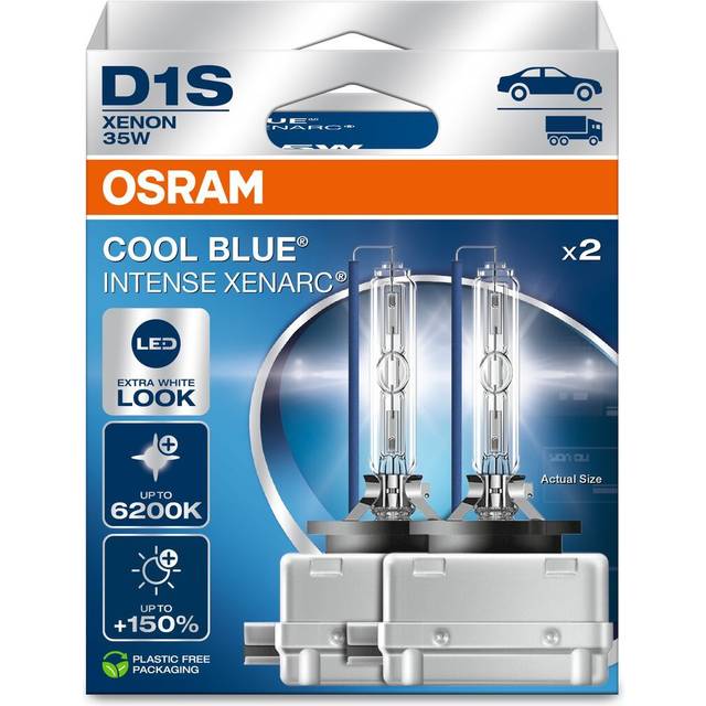 Osram XENARC® COOL BLUE® INTENSE D1S, +150% mer ljusstyrka, upp till 6 200K, xenonstrålkastare, LED-look, Hängande hopfällbar låda (2 lampor)