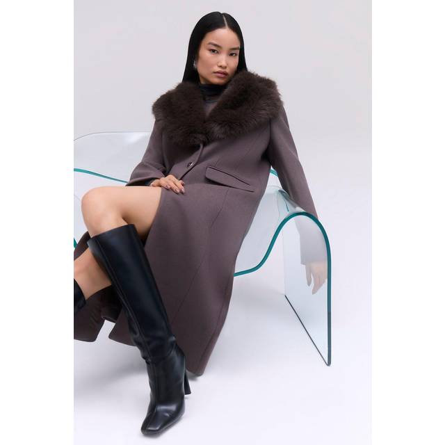 Wool Blend Fur Trim Collar Tailored Midi Coat - Taupe