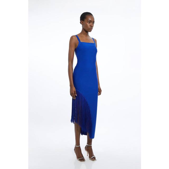 Figure Form Bandage Asymmetric Fringe Hem Knit Dress - Blue
