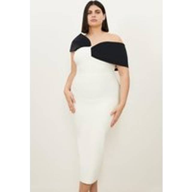 Plus Size Figure Form Bandage Knit Asymmetric Strap Midi Dress - Cream
