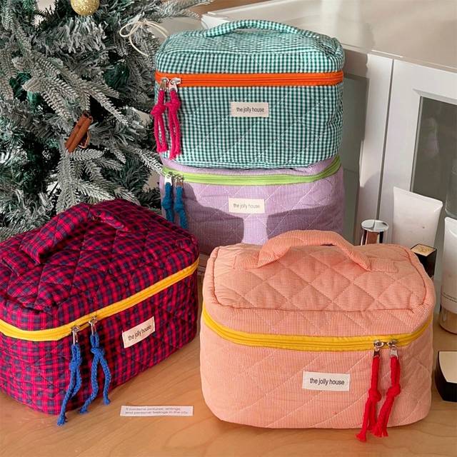 SHEIN 1 Pc Korean Style Plaid Pattern Makeup Bag Travel Large Women Cosmetic Pouch Handbag Makeup Travel Toiletry Organizer Essentials Gifts Storage Zipper