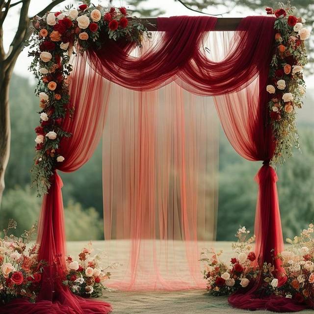 SHEIN 1pc Burgundy Transparent Fabric Wedding Arch Curtains - Chiffon Curtains For Ceremonies, Engagements, Receptions And Background Decorations - Elegant,