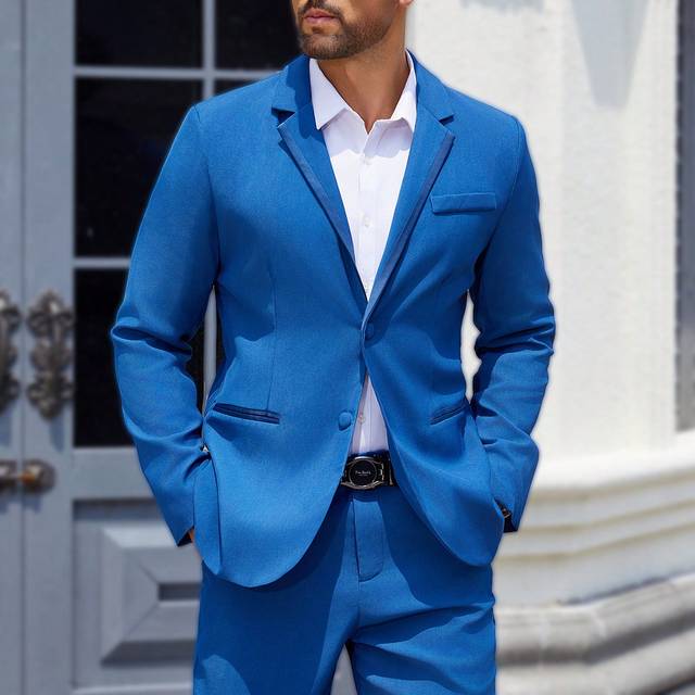SHEIN 2pcs Men&#39;s Solid Color Single-Breasted Long Sleeve Blazer Jacket And Pants Suit Set,Men&#39;s Solid Color Simple Daily Long Sleeve Suit Set,Blue Suit Set