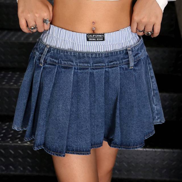 SHEIN Teen Girls&#39; Y2K Fashion Patchwork Blue & White Stripe Dual-Waistband Pleated Denim Mini Skirt, Girls Fall Clothes Streetwear Outfits
