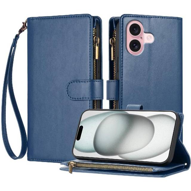 (Blue) Case for iphone 16 Plus Folio Flip Pu Leather Card Slots Handbag Cover Wallet Zipper
