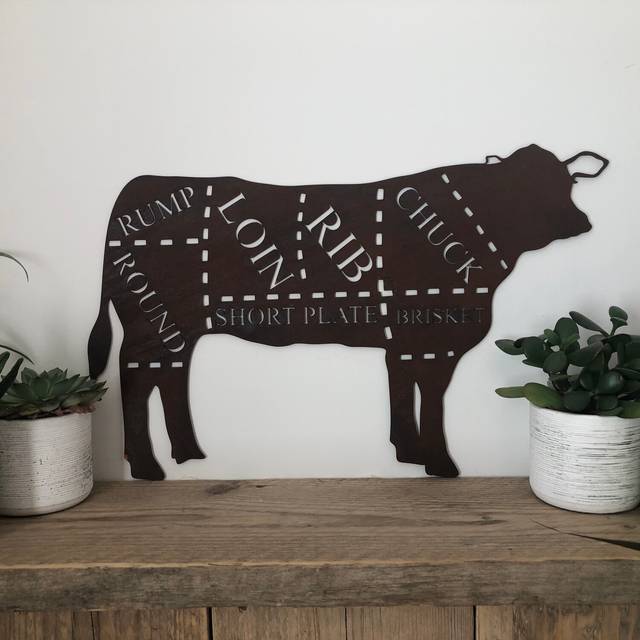 Butchers Cow Decoration , Rusty Sign , Kitchen Decor , Garden Feature , Wall Art - Rusted - Brown