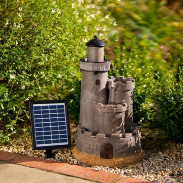 Solar Water Feature Grey Castle Cascade Battery Backup Lights 49cm - Light Grey - One Size