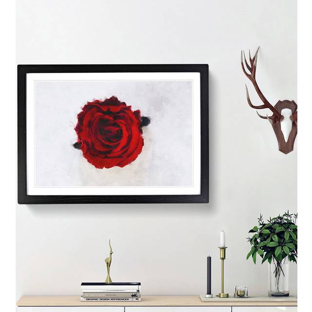 Red Rose in Bloom - Picture Frame Painting Print - Black Framed (45cm H x 63cm W x 2cm D)