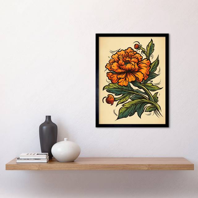 Benecko Marigold Flower Old School USA Tattoo Ink Body Art Americana 50s - Single Picture Frame Art Prints - Multicoloured (43.3cm H X 33.3cm W)