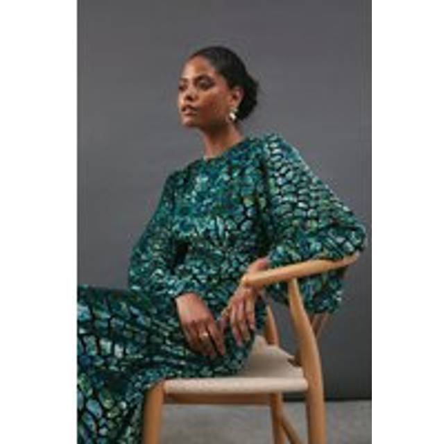 Womens Burnout Velvet Balloon Sleeve Empire Seam Midi Dress - Multi - 6