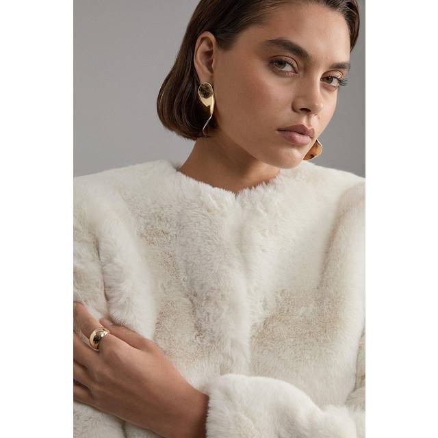 Petite Collarless Faux Fur Jacket - Ivory