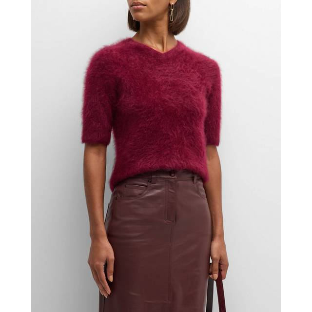 Short sleeve fluffy knit cashmere sweater - red (L)