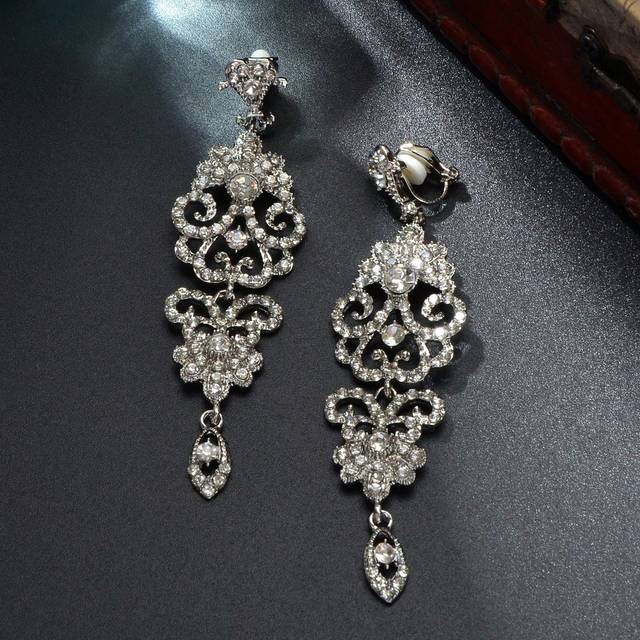 SHEIN 1pair Luxurious Rhinestone Decor Silver Hollow Flower Chandelier Clip Earrings Women Wedding Bridal Jewelry