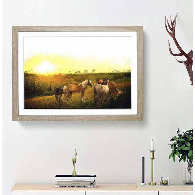 Sunset over the Horses - Picture Frame Painting Print - Oak Framed (27cm H x 36cm W x 2cm D)