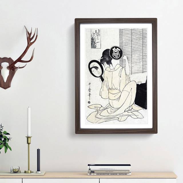 Lady with Two Mirrors by Kitagawa Utamaro - Picture Frame Painting Print - Walnut Framed (36cm H x 27cm W x 2cm D)