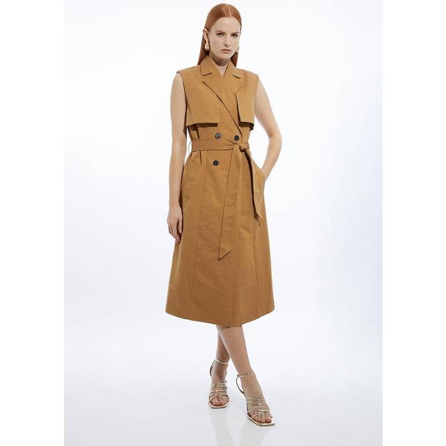 Tailored Sleeveless Belted Trench Coat - Tan