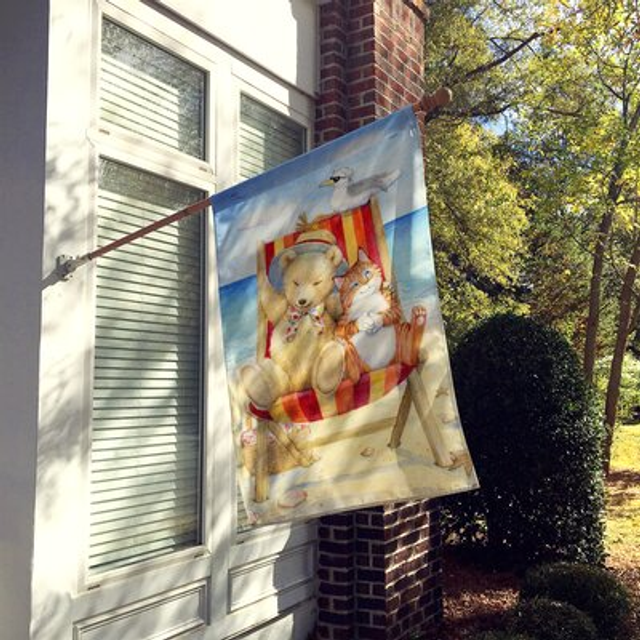 Caroline's Treasures CDCO0336CHF Summer Teddy Bear and Cat on Beach Flag Canvas House  Large  Multicolor