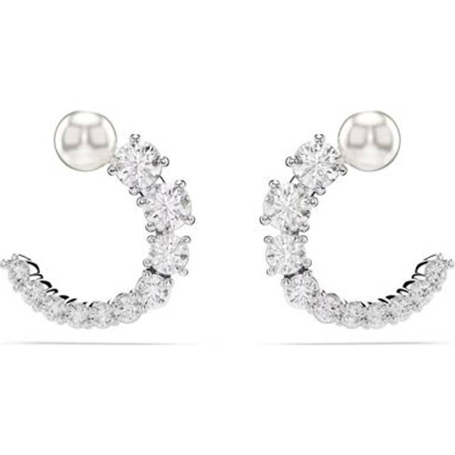 Swarovski Matrix Rhodium Plated White Crystal Pearl Hoop Earrings - Silver