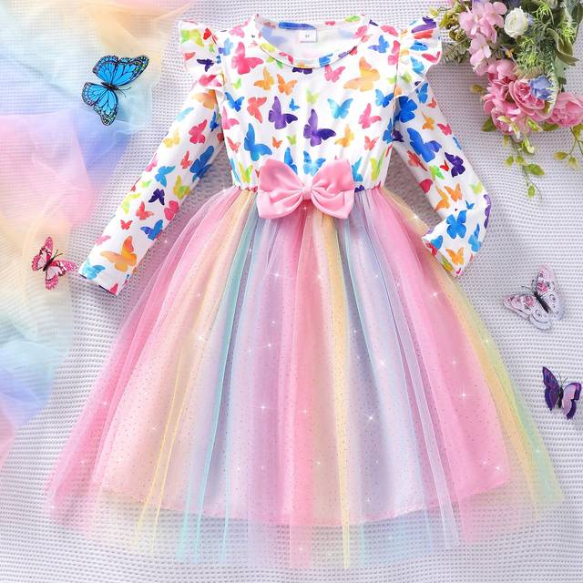 SHEIN Young Girl&#39; Long Sleeve Butterfly Print Bow Mesh  Cute Dress