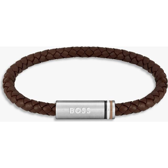 BOSS Gents Ares Single Braided Brown Leather Bracelet, Brown, Men