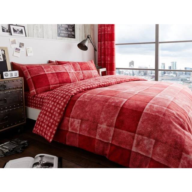 Printed Polycotton Denim Check Duvet Cover With Pillowcases - Red - Double