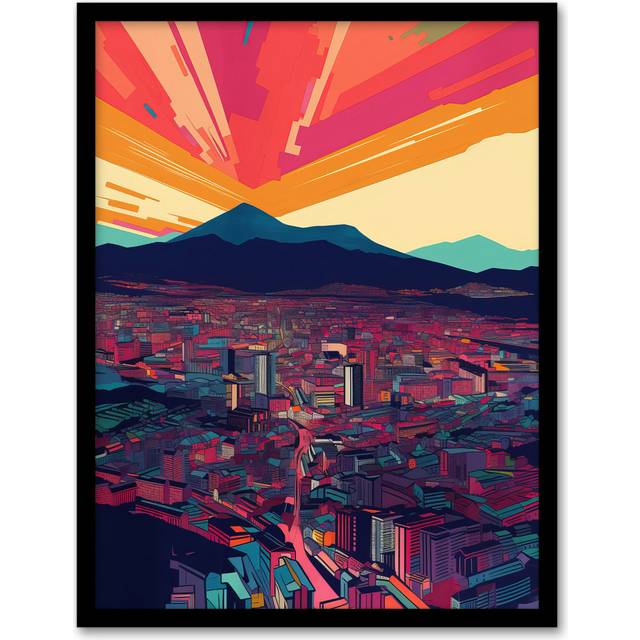 Abstract Valley City Artwork Pink Blue Orange Cityscape - Single Picture Frame Art Prints (43.3cm H X 33.3cm W)