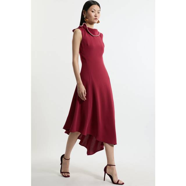 Soft Tailored Tipped Fluid Asymmetric Hem Midi Dress - Red