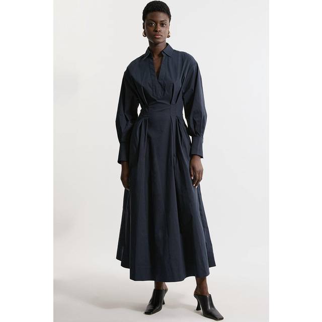 Poplin Balloon Sleeve Woven Shirt Dress - Navy