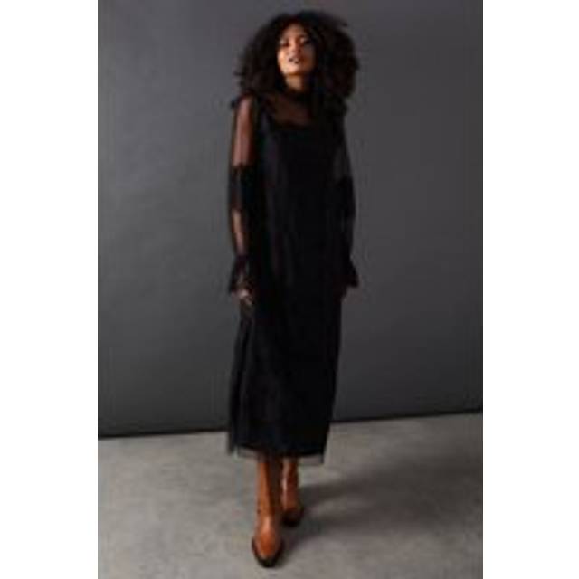Warehouse Womens Lace Dobby Ruffle Neck Midi Smock Dress - Black - Size 8 UK