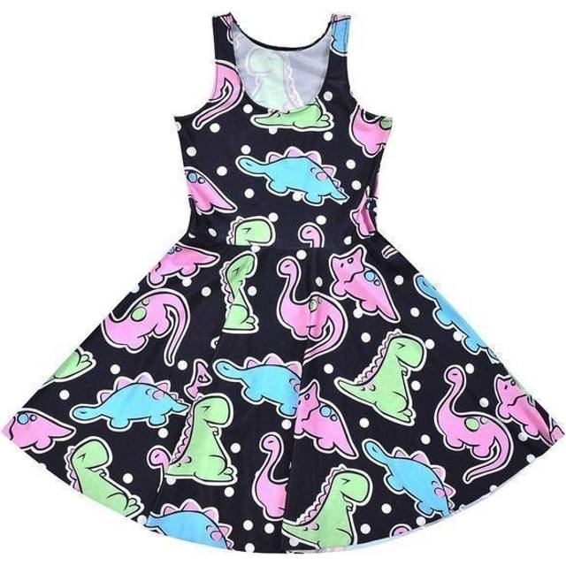 (L) Digital Printing Dinosaur Kawaii Pleated Dresses Summer Fashion Clothing