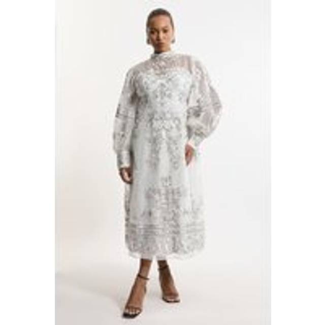 Plus Size Baroque Organdie Applique Buttoned Woven Maxi Dress - Silver