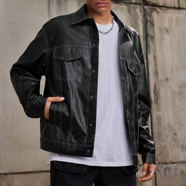 SHEIN Men&#39;s Oversized Street Style Black Faux Leather Lapel Jacket With Black Contrast Stitching For Fall And Winter