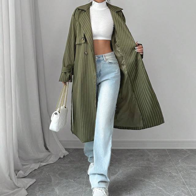Rafferiza Women Casual Loose Vintage Striped Print Double-Breasted Design Long Sleeve Trench Coat (With Lining)