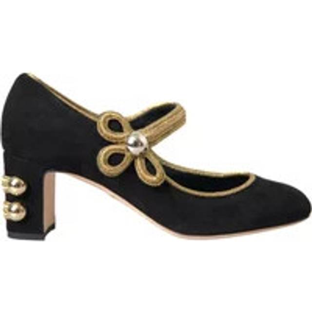 Black Suede Gold Mary Janes Heels Pumps Shoes - EU37/US6.5